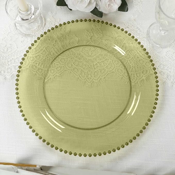 Efavormart 10-Pack Economy Plastic Charger Plates 13" Round Transparent Dusty Sage Green with Beaded Rim - Stylish Dinner Party Serving Plates