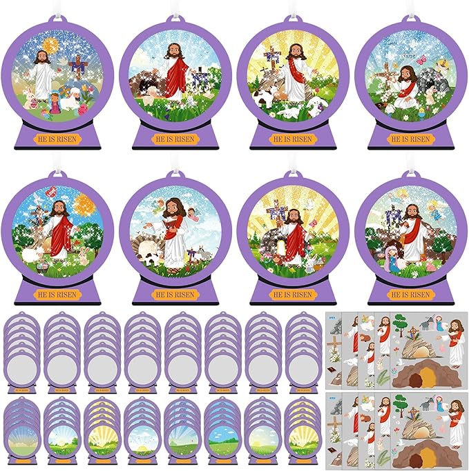 Frienda 48 Set He is Risen Scene Craft Kit Religious Crafts for Kids DIY Shaking Globe Craft Make a Jesus Risen Ornament Bulk with Glitter Sequins Paper for Sunday School Christian Religious Decor