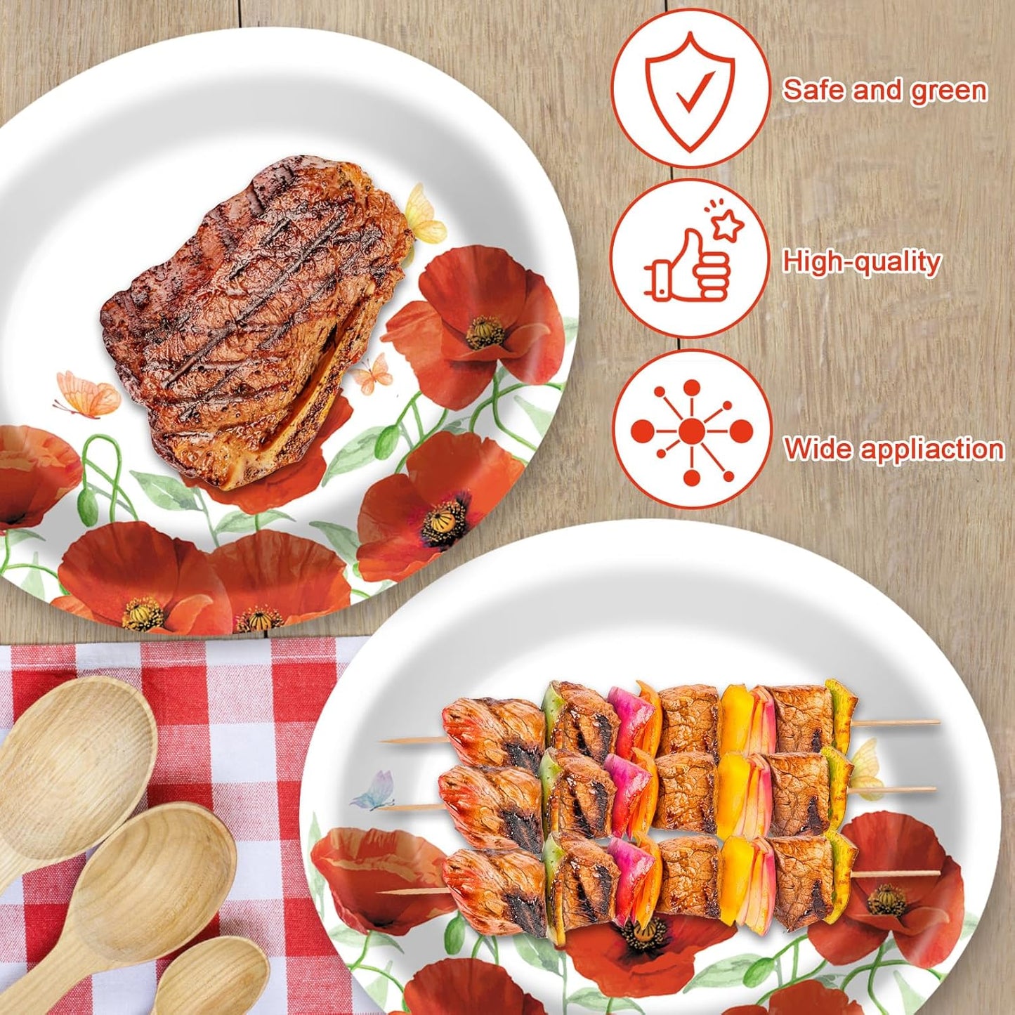 Poppy Oval Paper Plates 10’’ x 12’’,Large Disposable Heavy Duty and White Buffalo Checked Plaid Paper Plates for Birthday Wedding Bridal Baby Shower Tea Party Supplies,50 Guest