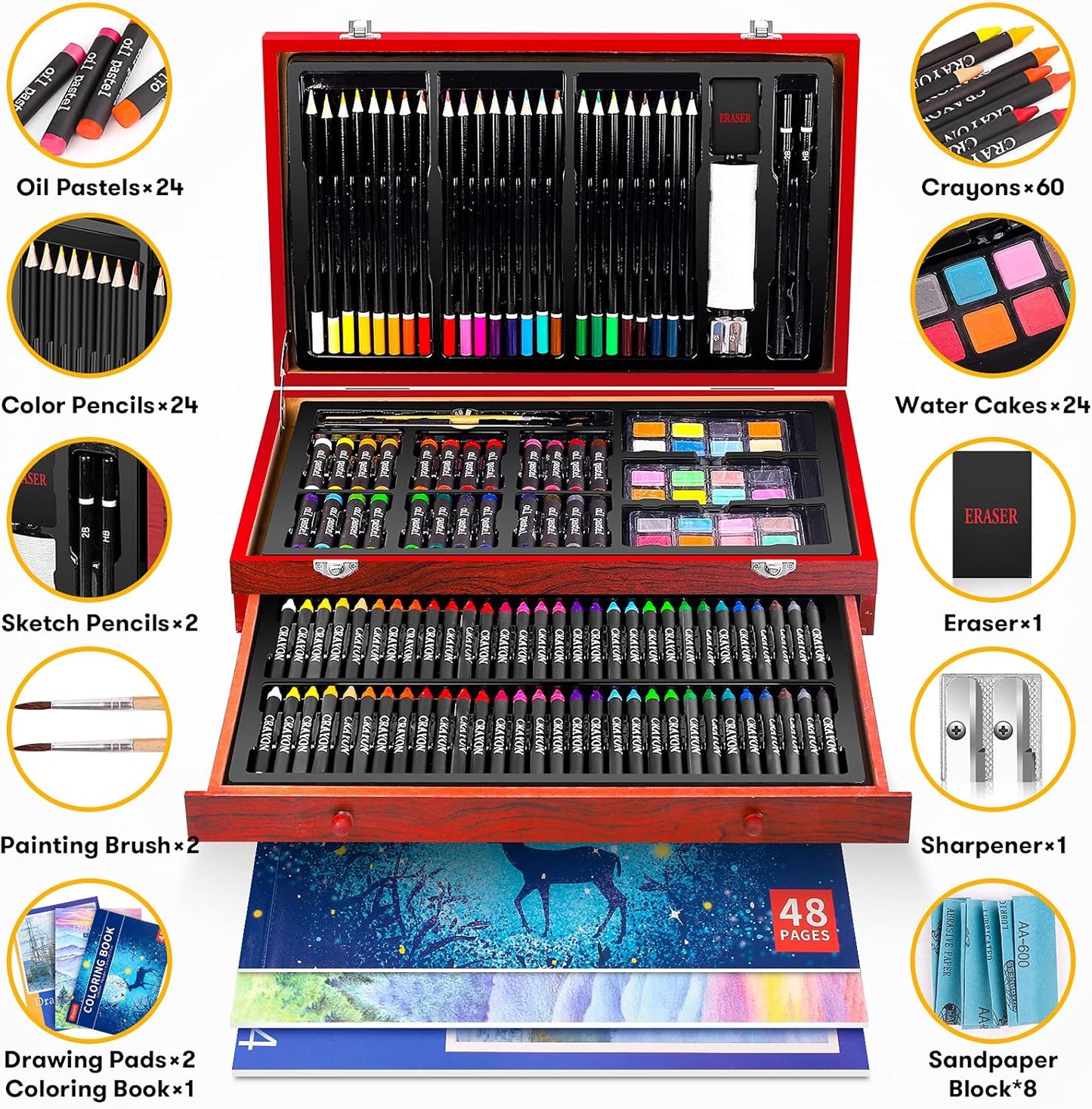 iBayam Art Supplies, 150-Pack Deluxe Wooden Art Set Crafts Drawing Painting Kit with 2 -Sketch Pads, 1-Coloring Book, Gift Box for Kids Adults Artist Beginners Teens Girls Boys 5 6 7 8 9 10 11 12
