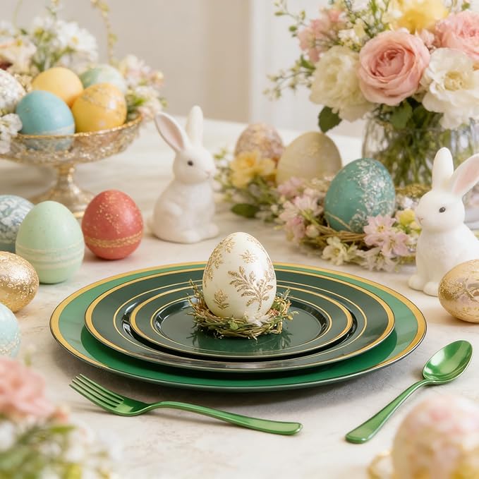 WDF 25PCS Green Plastic Charger Plates - 12inch Green and Gold Chargers for Dinner - Disposable Charge Plates - Perfect for Party Elegant Tabletop Decor St. Patrick's Day Easter