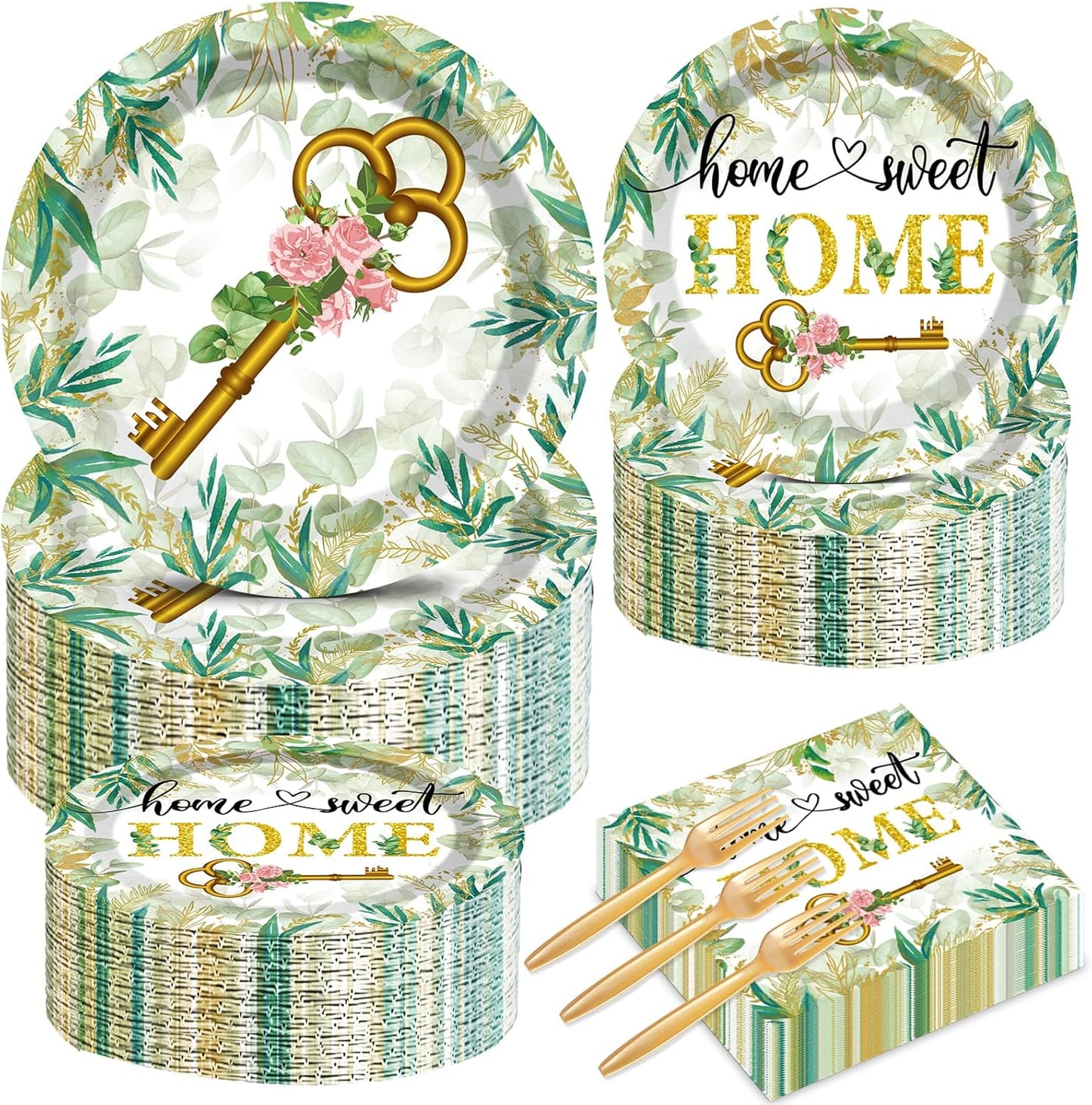 50 Guests House Warming Party Supplies Decoration Housewarming Party Plates and Napkins Forks Sweet Home Tableware Decor Rustic Floral Paper Disposable Plates for New House Wedding Supplies 200PCS