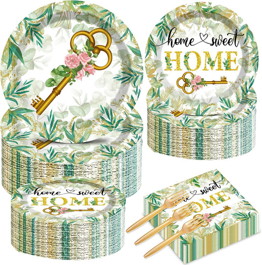 50 Guests House Warming Party Supplies Decoration Housewarming Party Plates and Napkins Forks Sweet Home Tableware Decor Rustic Floral Paper Disposable Plates for New House Wedding Supplies 200PCS