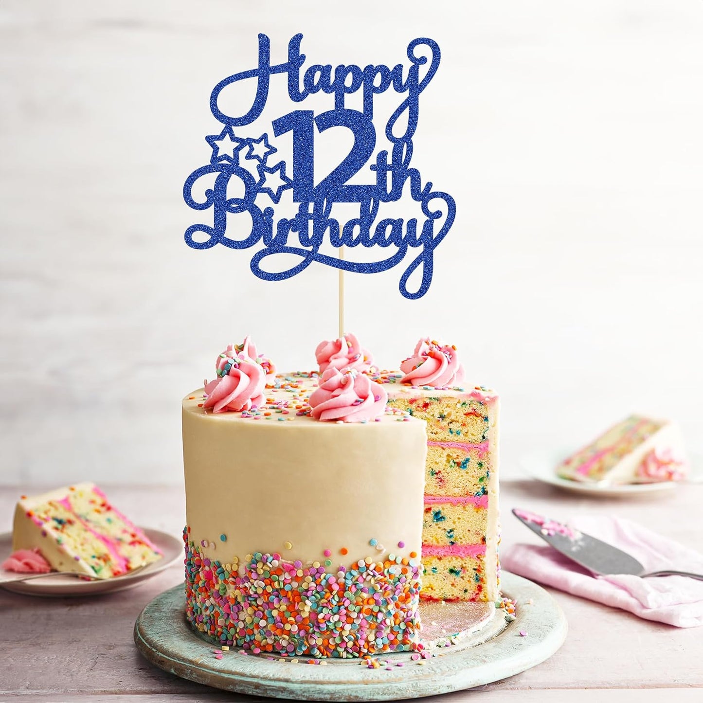 1 Pack Happy 12th Birthday Cake Topper Glitter Heart Star 12 Fabulous Cake Pick Birthday Sign Cake Decorations for Children 12th Birthday Theme Party Supplies Blue