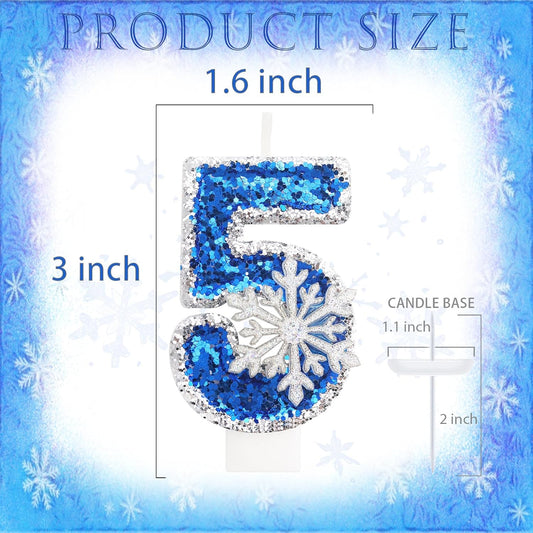 Frozen Themed Blue Birthday Candles, Snowflake Number 5 Candles for Kids Adults Birthday Party Supplies, 2.76 inch Glitter Cake Topper Decorations (Number 5)
