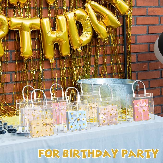 Aliceset 20 Pcs 8 x 8 x 3.15 Inch Clear PVC Gift Bags with Handles Small Gold Foil Star Transparent Star Party Favor Goodie Bags for Baby Shower Birthday Wedding Candy Snack Gift Wrapping