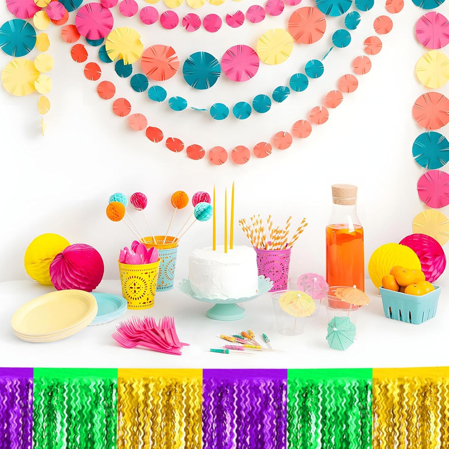 6 Pack 10 Feet Gold Green Purple Wave Foil Fringe Garland Metallic Tinsel Streamers Banner Wall Hanging Curtain Backdrop for Parade Floats, Mother's Day, Easter, Wedding, Birthday Party Decoration