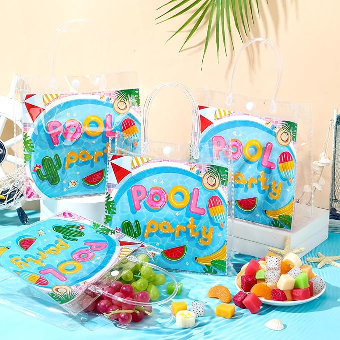 Aliceset 20 Pcs Pool Party Clear Favor Bags with Handles Swimming Themed Waterproof Goodie Bags for Pool Swimming Summer Party Birthday Baby Shower Supplies, 8 x 8 x 3. 15 Inch