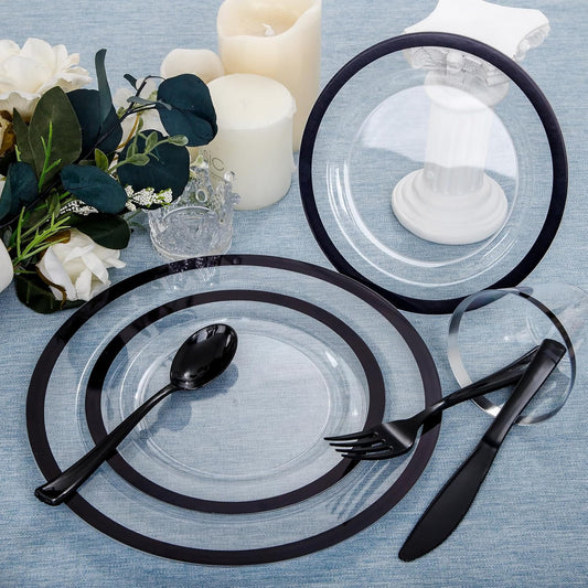 I00000 350 Pcs Clear and Black Plastic Plates,Black Dinnerware Set, Include 50 Dinner and 50 Dessert Plates,50 Plastic Cups,50 Per Rolled Napkins with Cutlery for Party,Wedding,Halloween
