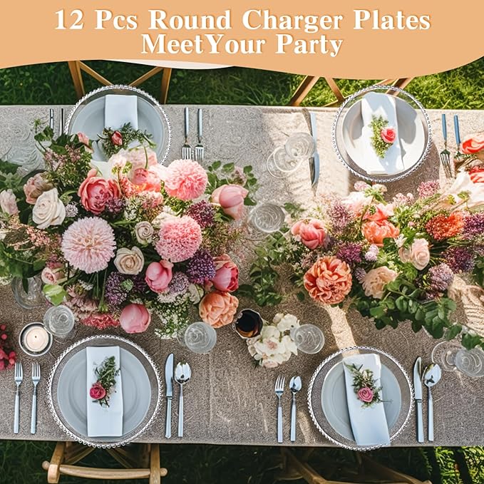 Hoolerry 12 Pack Clear Charger Plates Bulk 13 Inch Plastic Round Beaded Dinner Chargers Acrylic Frosted Grain Decorative Service Plates for Wedding Party Event, Home and Kitchen Tabletop (Silver)