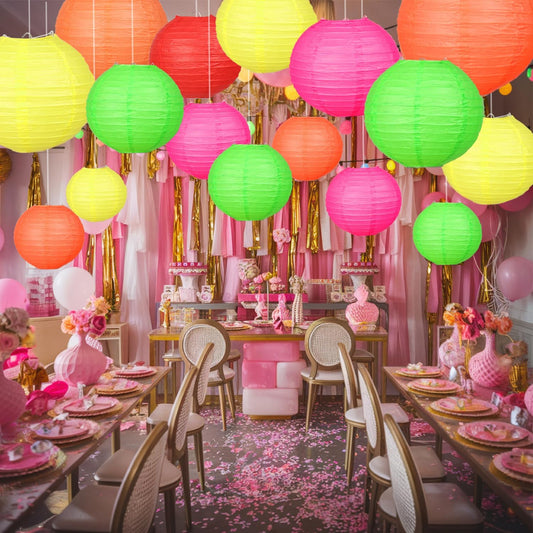 21pcs Colorful Hanging Paper Lanterns, Neon Party Decorations - Round Paper Lanterns, for Neon Themed Birthday, Baby Showers, Weddings, Engagement Parties, and Other Party Decorations.