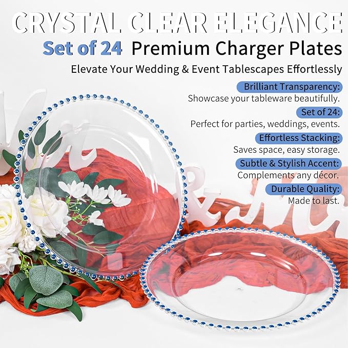 24 Pack Clear Charger Plates Bulk Wedding, 13 Inch Plastic Round Dinner Chargers with Blue Beaded Rim, Acrylic Round Decorative Plates for Wedding Party Home and Tabletop Decor (Blue)