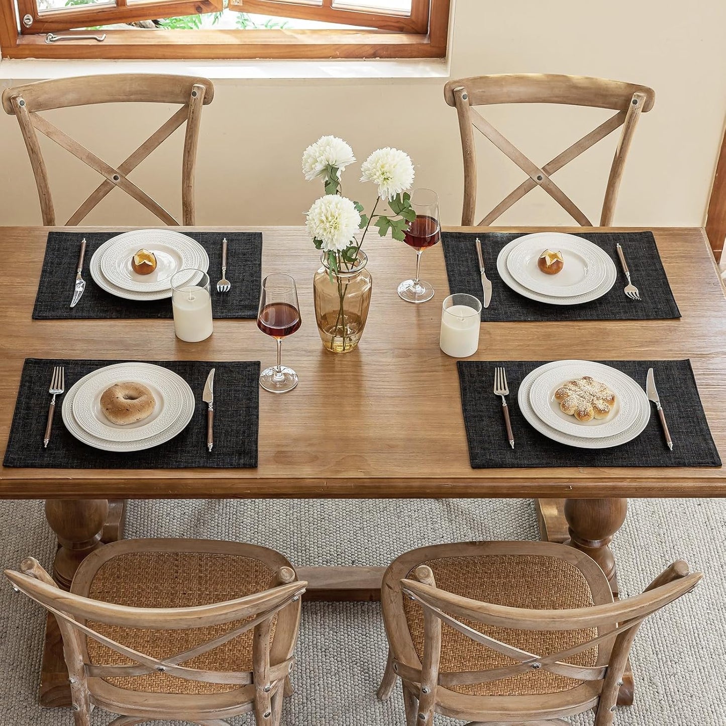 Blue Forest Placemats Set of 8, Dual-Layered Thickened Faux Linen Cloth Place Mats Heat Resistant Machine Washable Wrinkle Free Table Mats Indoor/Outdoor (Black)