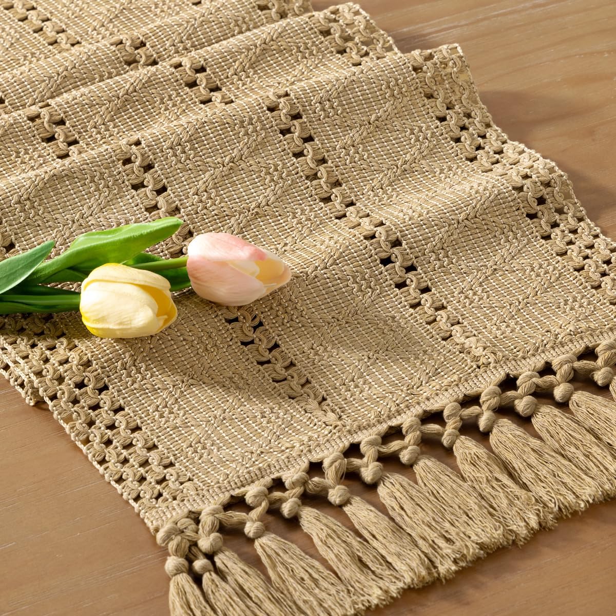 Socomi Boho Table Runner Fall Thanksgiving Farmhouse Rustic Dining Kitchen Centerpiece Decor Small Macrame Woven Cotton Linen Coffee Table Runner for Dresser Scarf Home Decor 12x48 inch Champagne