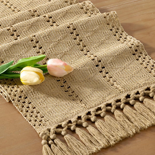 Socomi Boho Table Runner Fall Thanksgiving Farmhouse Rustic Dining Kitchen Centerpiece Decor Small Macrame Woven Cotton Linen Coffee Table Runner for Dresser Scarf Home Decor 12x48 inch Champagne