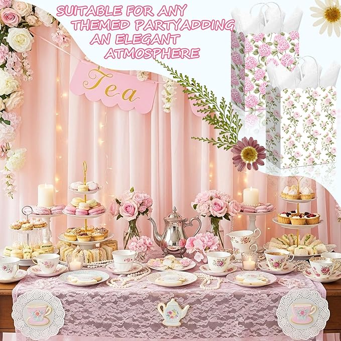 Kolldenn 24 Pcs Hydrangea Floral Party Gift Bags with Handles Paper Candy Treat Goodie Bags Scalloped for Birthday Decoration for Bridal Baby Shower Tea Party Supplies