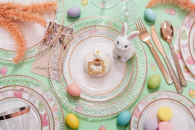 Ciaell 150PCS Rose Gold Plastic Plates – Disposable Plates with Rose Gold Plastic Silverware include 50Plates, 25Forks, 25Knives, 25Spoons, 25Cups for Wedding & Party