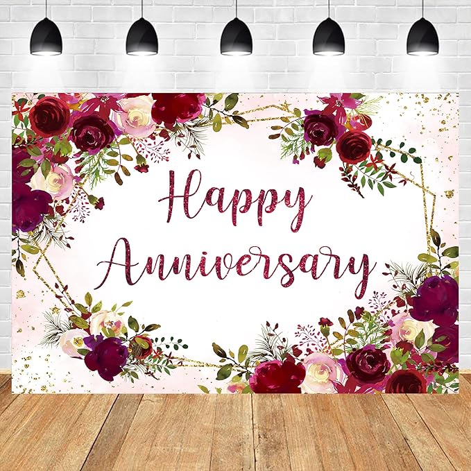 Homewelle Happy Anniversary Backdrop 5Wx3H Feet Polyester Fabric Elegant Burgundy Flower Rose Floral Plant Botanical Decoration Green Leaves Gold Glitter Photography Background Photo Shoot Props