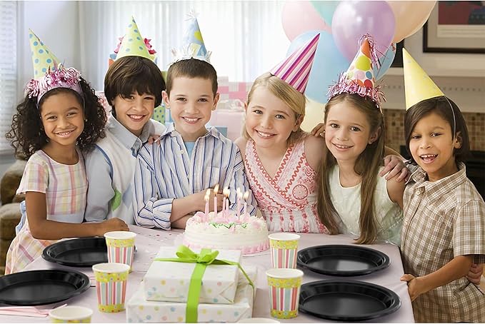 Party Solids Black Plastic Plates For Party Supplies, Black Disposable Plates 100 Pieces - 50-7" & 50-9" Heavy Duty 350 GSM Disposable Dinnerware Sets, Plastic Dinnerware Sets