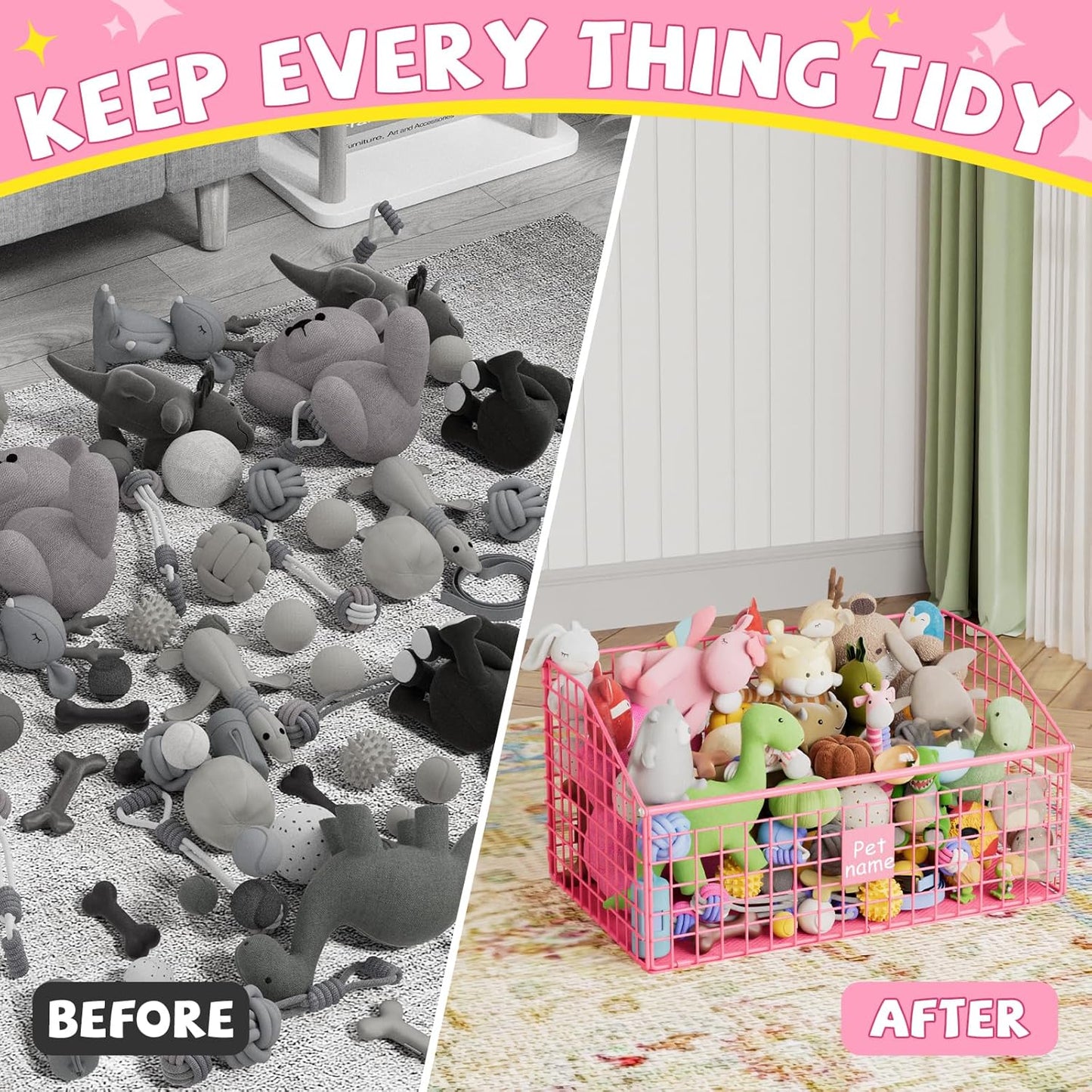 Indestructible Dog Toy basket, Large Toy Box for Dogs,Pet Toy Bin Dog Metal Basket for Toys, Toy Storage Organizer (Pink)