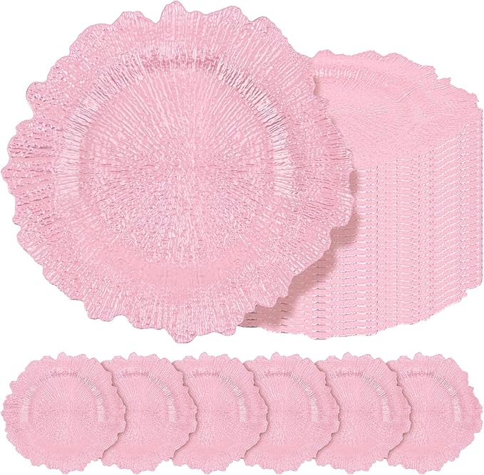 Teruntrue 24 Pcs Pink Charger Plates Bulk 13 Inch Plastic Charger Plates for Dinner Plate, Pink Chargers for Table Setting, Reef Design Plate Floral Decorative Round Chargers for Wedding Party Event