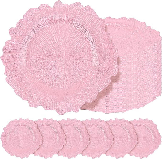 Teruntrue 24 Pcs Pink Charger Plates Bulk 13 Inch Plastic Charger Plates for Dinner Plate, Pink Chargers for Table Setting, Reef Design Plate Floral Decorative Round Chargers for Wedding Party Event
