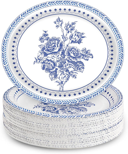50Pcs Blue Floral Oval Plates 10"x 12", Large Disposable Paper Plates, Heavy Duty Flower Plate Tableware for Family Gathering, Dinner Time, Birthday, Wedding, Holiday Party Supplies