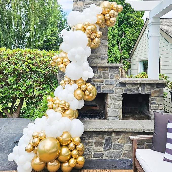 White and Gold Balloons Arch Kit,130pcs Gold and White Balloon Garland,Different Sizes White Latex Balloons for Wedding,Engagements,Birthday,Baby Shower Anniversary Decorations