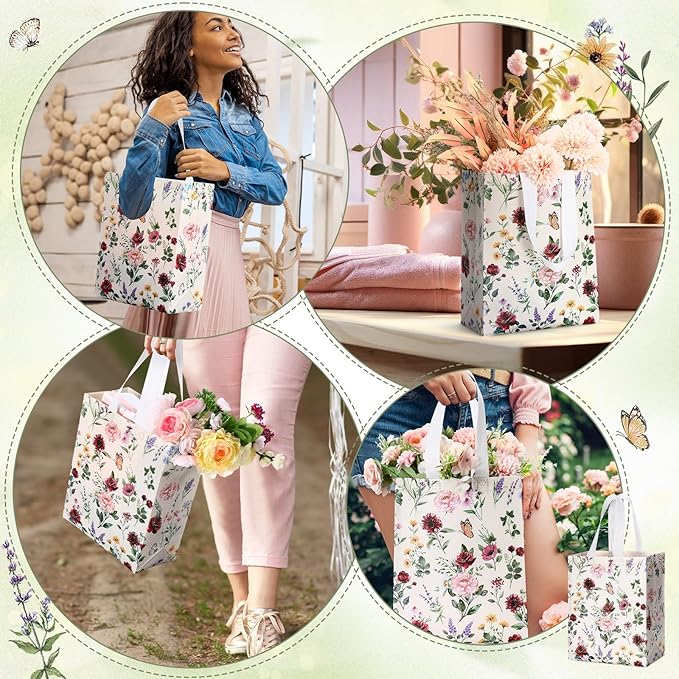 Supervitae 24 Pack Wildflower Theme Gift Bags Medium Floral Party Favor Bags Vintage Reusable Totes Non Woven Goodie Totes for Wedding Birthday Baby Shower Family Holiday Travel(9.8" x 7.9" x 3.9")