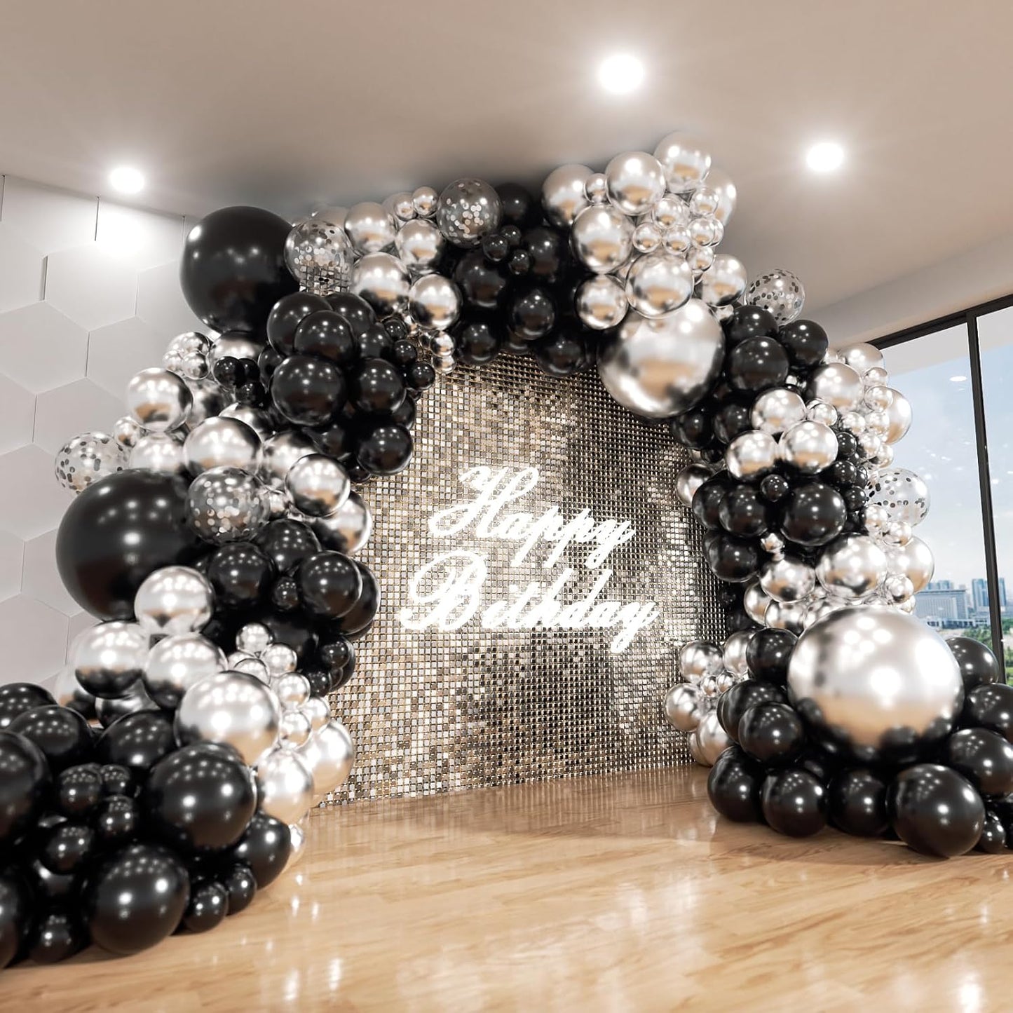 Black and Silver Balloon Arch Kit, 140Pcs Different Sizes inch Black Metallic Silver Balloons and Confetti Party Balloon Garland Kit for Birthday, Wedding, Graduation, Anniversary Decorations