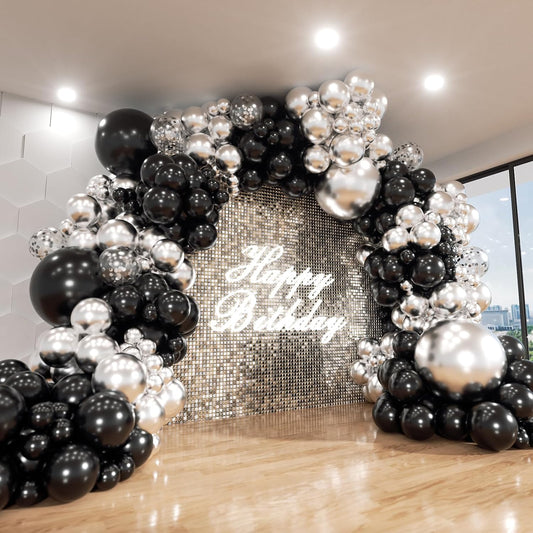 Black and Silver Balloon Arch Kit, 140Pcs Different Sizes inch Black Metallic Silver Balloons and Confetti Party Balloon Garland Kit for Birthday, Wedding, Graduation, Anniversary Decorations