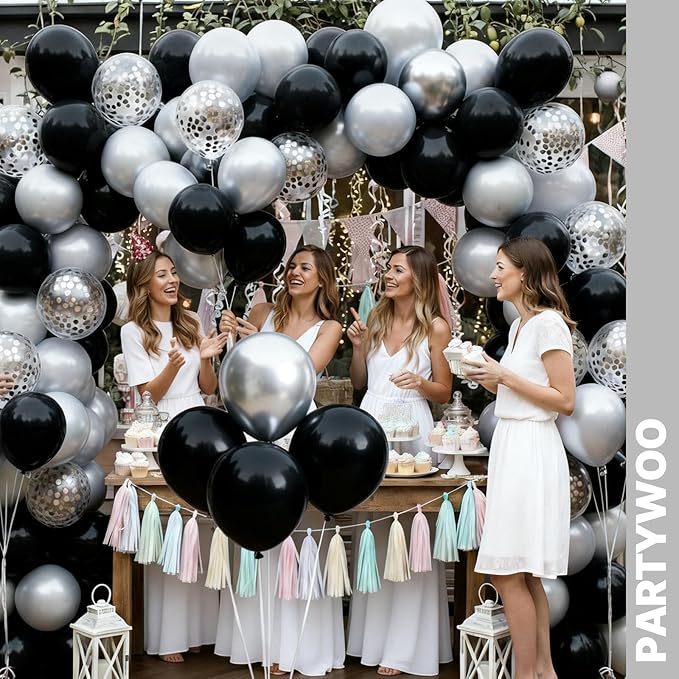 PartyWoo Black and Silver Balloons 65pcs 12 Inch Matte Black Metallic Chrome Silver Confetti Balloons for Graduation Baby Shower Men Birthday Wedding Anniversary New Year's Eve Party Decorations