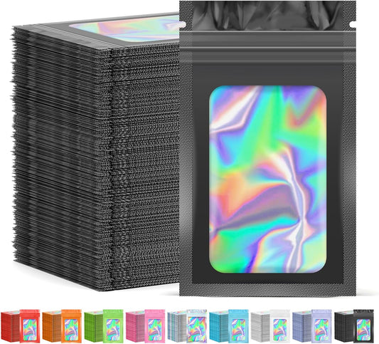 300 Pcs Mylar Bags, Smell Proof Bags Foil Pouch, Holographic Resealable Bags for Small Business, Candy Sample Jewelry Bag Sealable Packaging for Party Favor Food Storage (3x5in-Black)