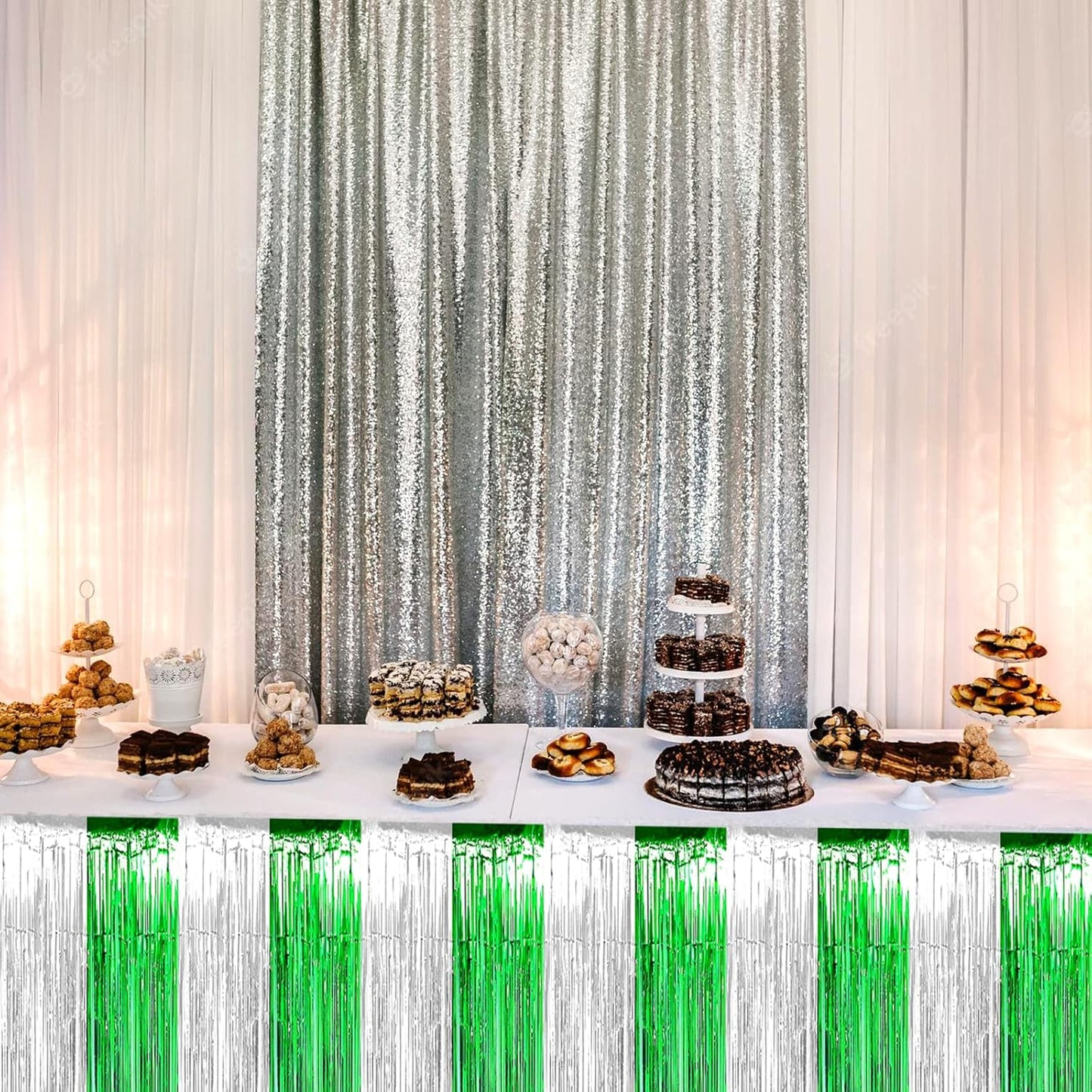 6 Pack 29x108 Inch Metallic Foil Fringe Table Skirts Banner for Tinsel Streamer Garland Curtains Backdrop for Parade Floats Wedding Birthday Mardi Gras, St Patrick Day Party Decorations(Silver Green)