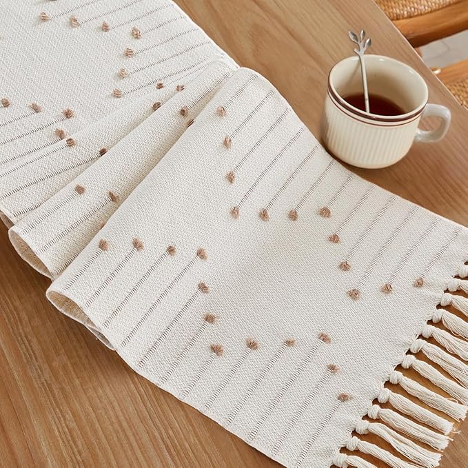 Wracra Boho Table Runner, Natural Cotton Woven Macrame Table Runners 108 Inches Long for Modern Farmhouse Woven Home Decor, 14x108 Inch, Taupe