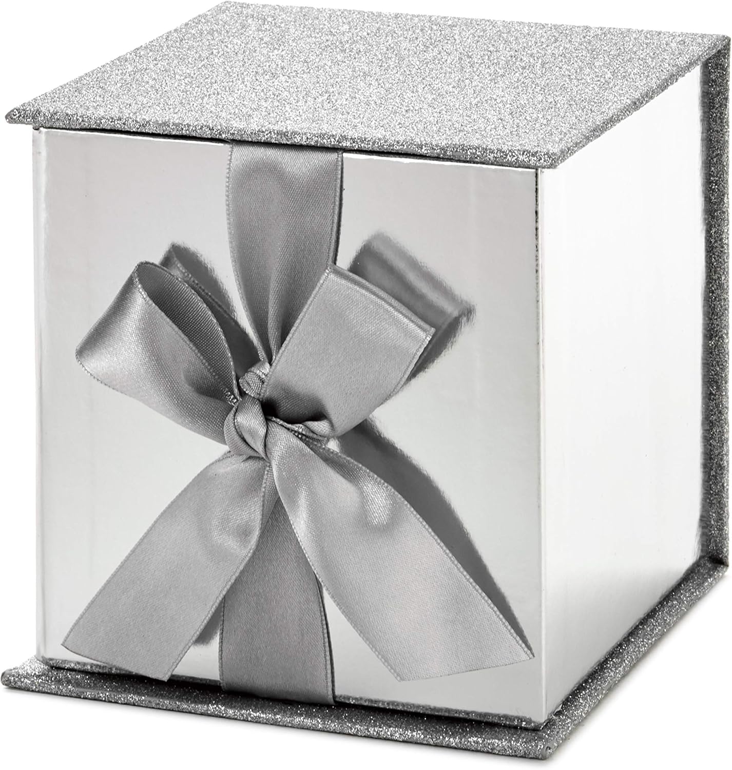 Hallmark Small Gift Box with Bow and Shredded Paper Fill (Silver Signature 4 inch Gift Box with Glitter) for Weddings, Graduations, Bridal Showers, Anniversaries, All Occasion