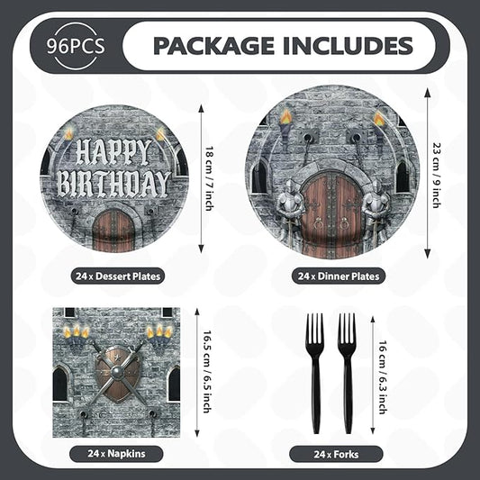 Grencian 96Pcs Medieval Castle Party Supplies Castle Birthday Plates and Napkins Disposable Medieval Knight Tableware Set for Kids Birthday Baby Shower Halloween Decorations Serves 24
