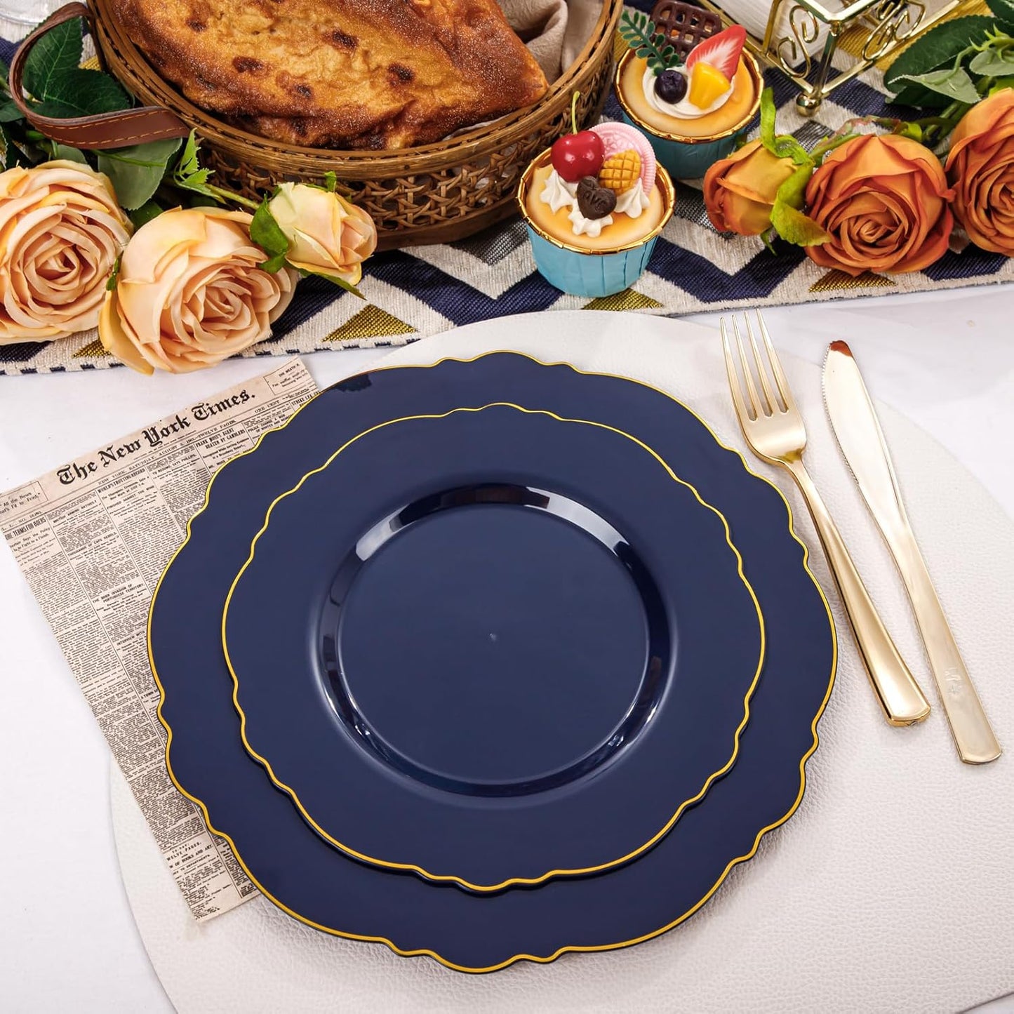 WDF 100pcs Blue Plastic Plates - Baroque Blue&Gold Disposable Plates for Parties/Wedding-50Plastic Dinner Plates 10.25in, 50Salad Plates 7.5in