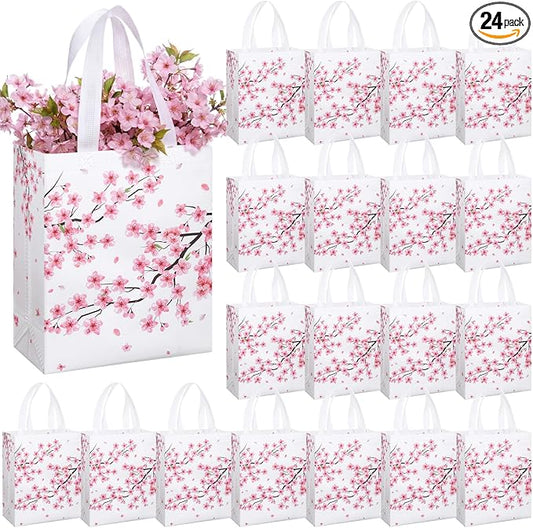 Supervitae 24 Pack Cherry Blossom Theme Gift Bags Spring Floral Medium Goodie Party Favor Bags Vintage Reusable Totes Non Woven Totes for Baby Shower Birthday Wedding Family Travel(9.8" x 7.9" x 3.9")