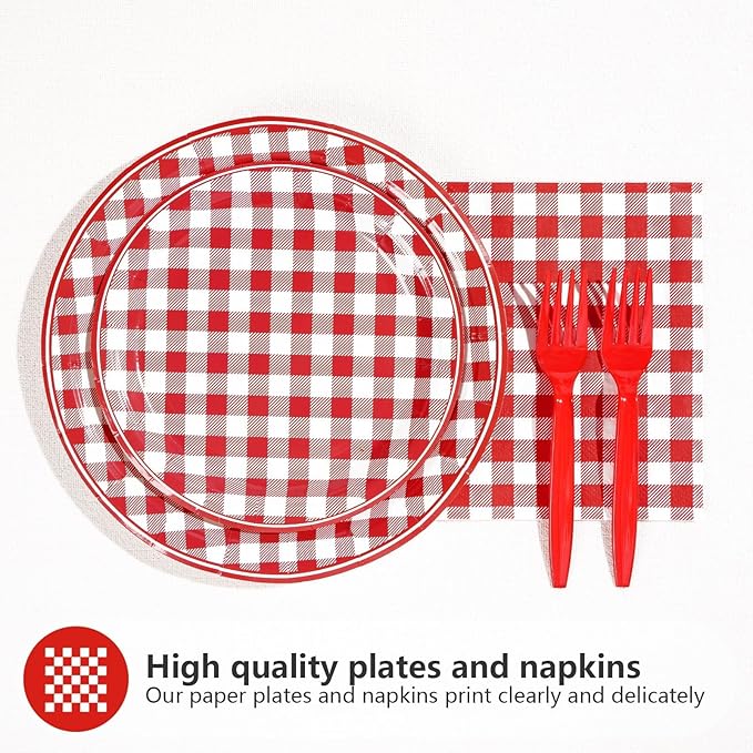200Pcs Red Gingham Party Supplies Red and White Checkered Buffalo Plaid Plates and Napkins Disposable Gingham Tableware Set for Valentine's Day Picnic BBQ Baby Shower Party Decorations Serves50