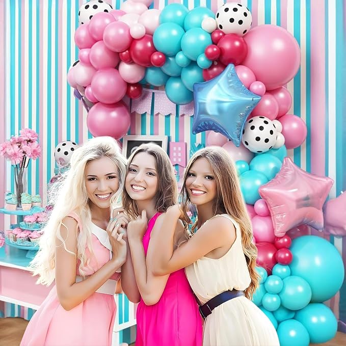 Pink Blue Balloon Arch Kit,Hot Pink White and Teal Blue Balloon Garland with 18Inch Star Foil Balloons for Girl Surprise Birthday Baby Shower Anniversary Party Decorations