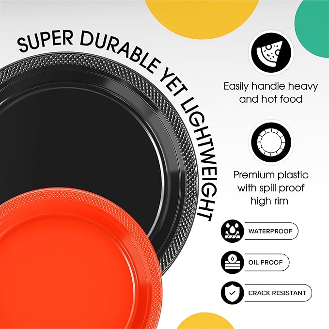 Party Solids Black & Orange Plastic Plates For Party Supplies, Black & Orange Disposable Plates 100 Pcs - 50-7" & 50-9" Heavy Duty 350 GSM Disposable Dinnerware Sets, Plastic Dinnerware Sets
