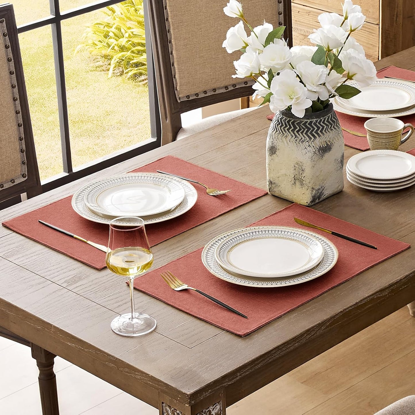 Romanstile Cloth Placemats Set of 4-12 x 18 Inch, Heat Resistant Double Layered Thickened Burlap Fall Place Mats, Washable Faux Linen Farmhouse Table Mats for Kitchen/Dining/Party/Outdoor, Orange