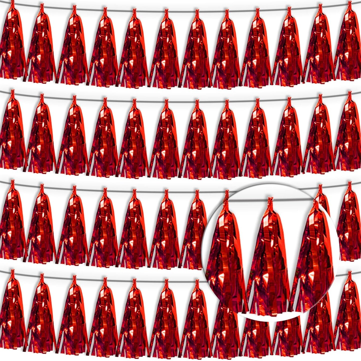 4P Red Tassel Banner Garland Metallic Foil Fringe Banner Tinsel Tassels Streamer Banner Backdrop for Parade Floats, 2025 Graduation Decorations, Wedding Party Decoration