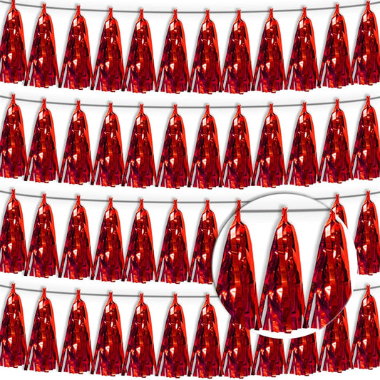 4P Red Tassel Banner Garland Metallic Foil Fringe Banner Tinsel Tassels Streamer Banner Backdrop for Parade Floats, 2025 Graduation Decorations, Wedding Party Decoration