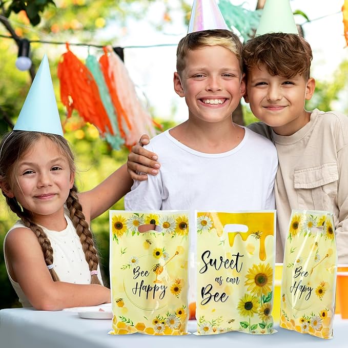 3sscha 50Pcs Bee Party Favor Bags Sweet As Can Bee Plastic Waterproof Goodie Bag Sunflower Yellow Rectangular Gift Pack for Kids Birthday Baby Shower Decoration Party Favor Supplies