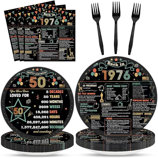 96Pcs 50th Birthday Party Paper Plates and Napkins 50th Birthday Supplies for Men and Women Disposable Dessert Plates Back in 1976 Colorful Tableware 1976 Birthday Gatherings Decorations