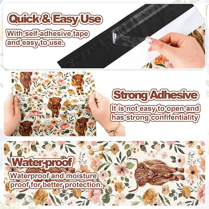 JarThenaAMCS 100Pcs Boho Floral Highland Cow Poly Mailers 10 x 13 Inch Watercolor Cow Flower Packaging Bags Rustic Self Seal Mailing Envelope Bags for Small Business Clothing Document Gifts