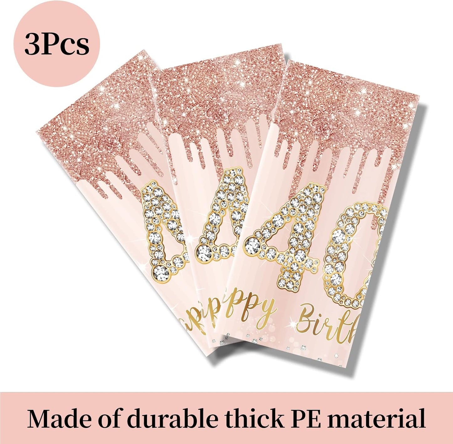3 Pack Pink Rose Gold 40th Birthday Tablecloth Decorations - Plastic Disposable Rectangular Table Cover Party Supplies