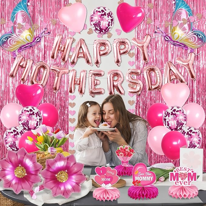 Mothers Day Decorations,63PCS Happy Mothers Day Balloons and Flower Heart Balloons,Fringe Curtains,Best Mom Ever Honeycomb Centerpieces for Girls Women Mom Party Supplies Celebrating Ladies Decor